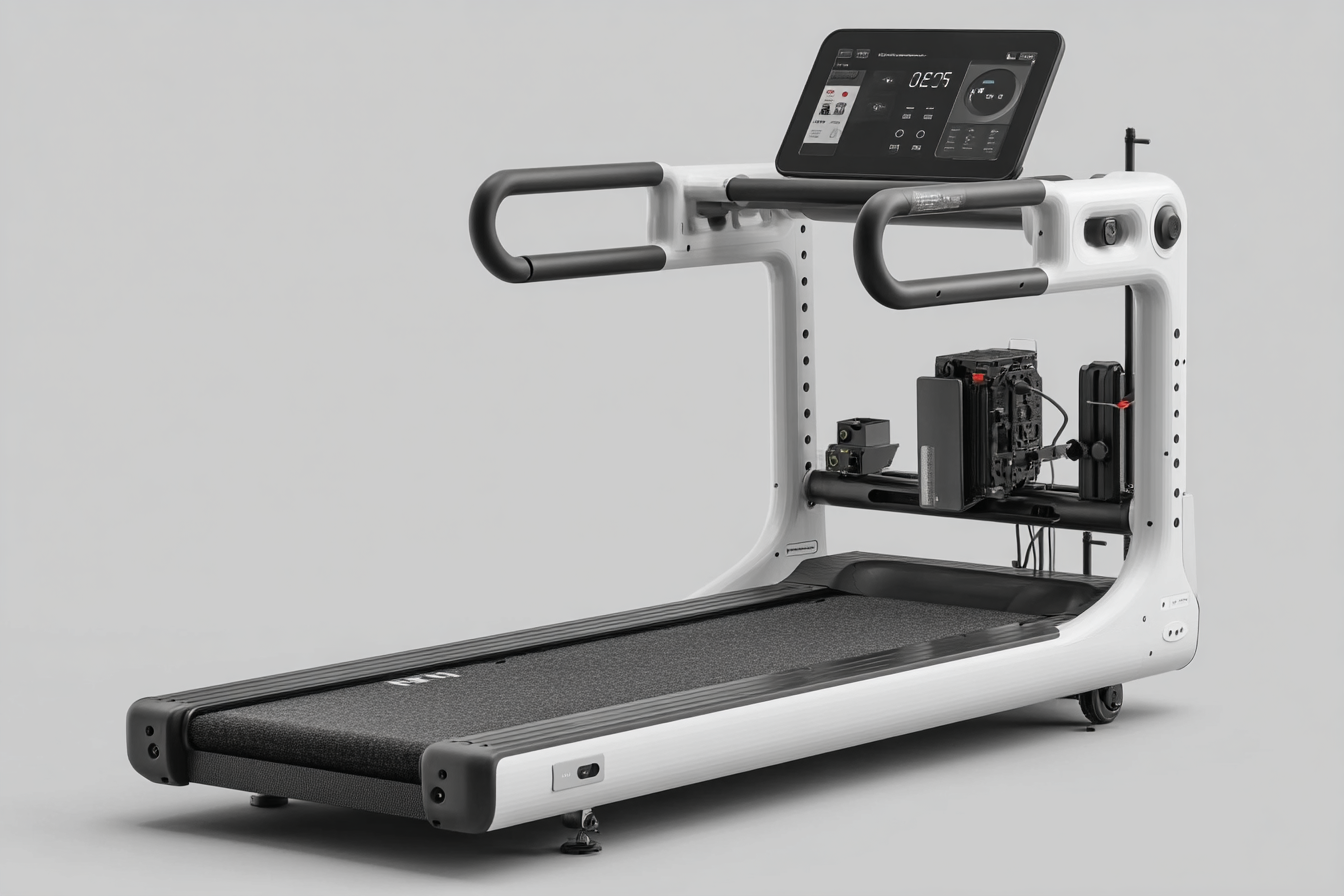 Compact treadmill integrated with smart laser sensors and precision modules for fitness equipment R&D demonstration. Suitable for automation system integration tests.