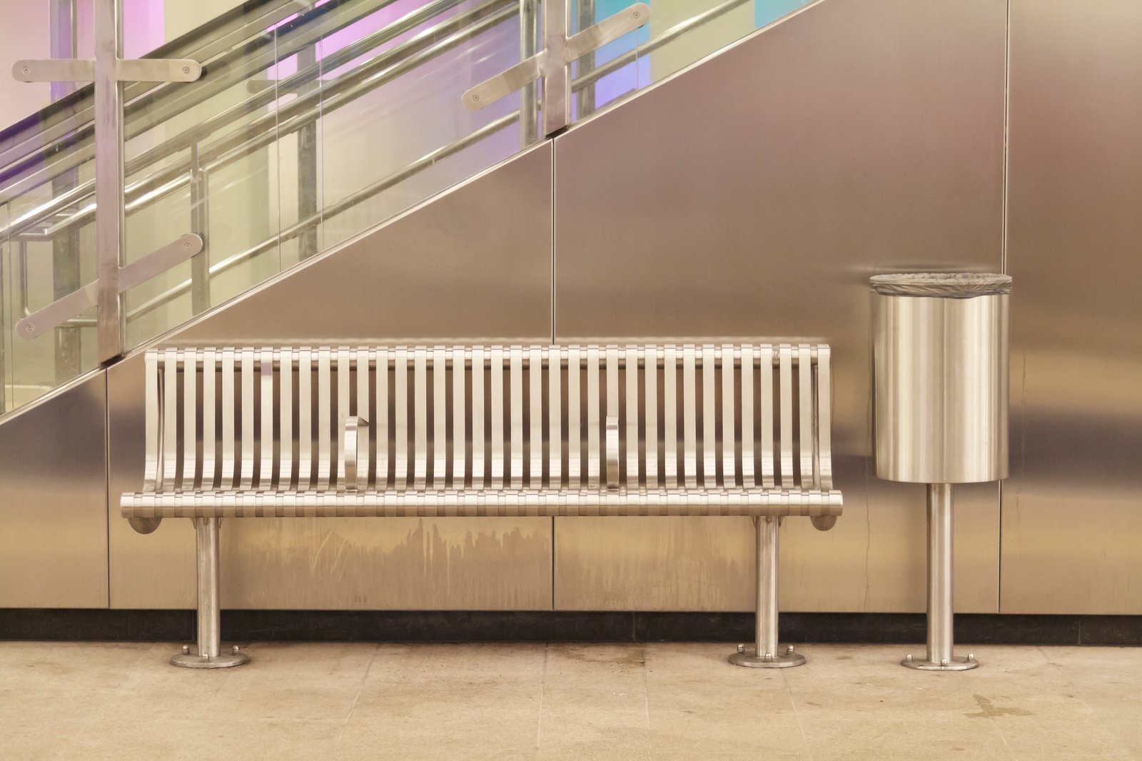Public space bench made from precision-cut stainless steel tubes, showing uniform spacing and clean welds