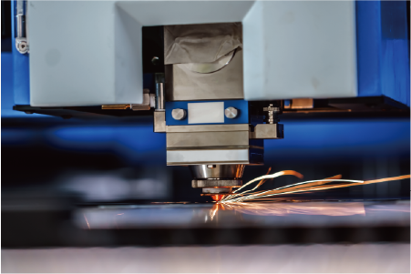 Flat plate laser cutting with high-power blue system head, emitting sparks. Suitable for industrial sheet metal manufacturing and prototypes.