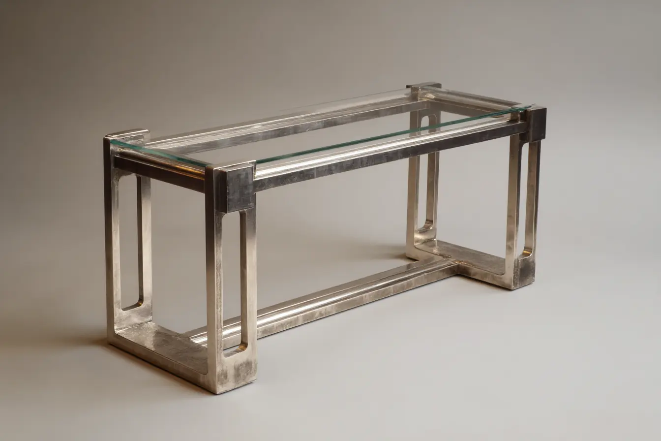 Stylish table with metal frame and glass top, showcasing industrial design aesthetics